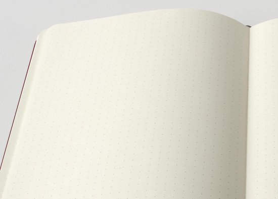 Gekanteld open bullet journal met stippenpatroon.