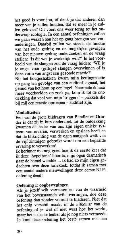 Pagina 20 van het boek 'Het ABC van NLP', met de titel 'Modaliteiten' en '1. Oogbewegingen'.