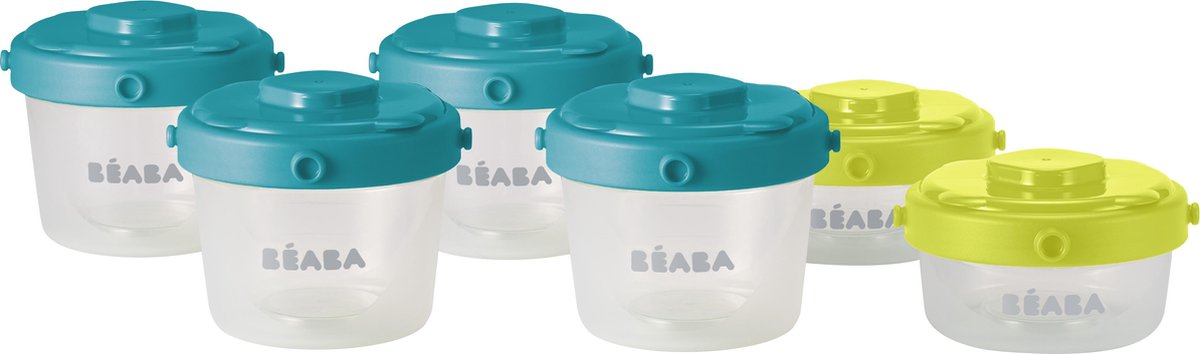 Béaba Set van 6 Clip bewaarpotjes 0-3 maanden (60 ml en 120 ml) Blauw-Neon