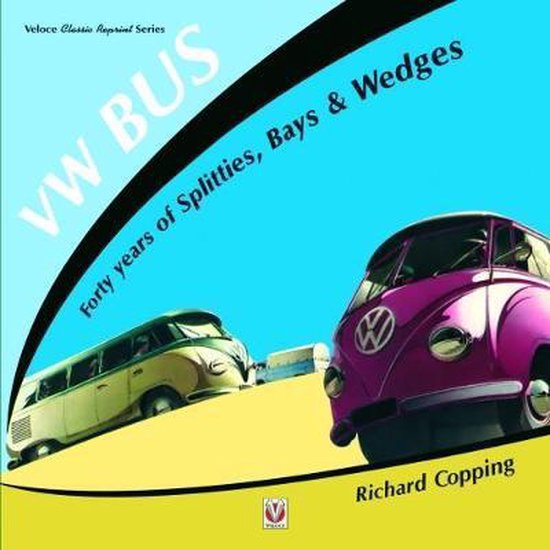 Boek 'VW Bus: Veertig jaar Splitties, Bays & Wedges' met een paarse en een groene VW bus op een gele heuvel.