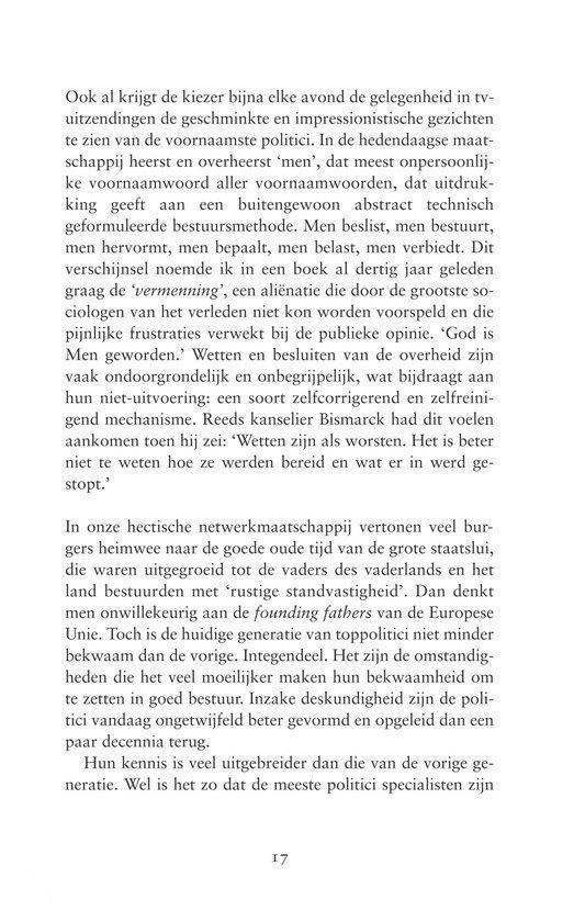 Pagina met tekst over politieke geschiedenis, de rol van de politicus, en de "founding fathers" van Europa. Pagina nummer 17.