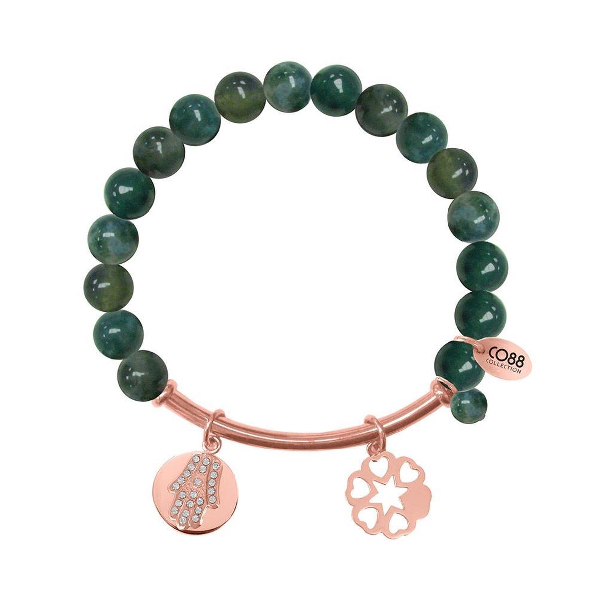 CO88 Collection Beloved 8CB 50010 Rekarmband met Stalen Elementen - Zirkonia Hand van Fatima en Hart - Agaat Natuursteen 8 mm - One-size - Donker Groen