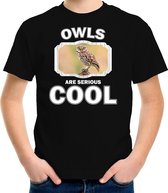 Dieren uilen t-shirt zwart kinderen - owls are serious cool shirt  jongens/ meisjes - cadeau shirt steenuil/ uilen liefhebber M (134-140)