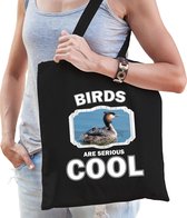 Dieren fuut vogel  katoenen tasje volw + kind zwart - birds are cool boodschappentas/ gymtas / sporttas - cadeau vogels fan