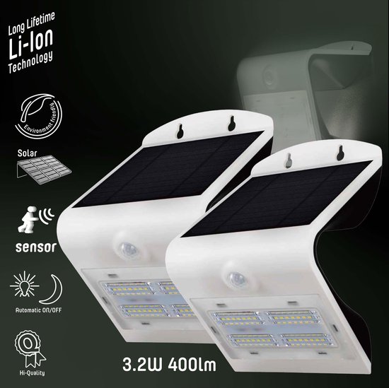 ik wil Honger esthetisch LED Solar wandlamp met bewegingssensor & licht sensor - 400 lm - 3.2W - 2 x  buitenlamp | bol.com