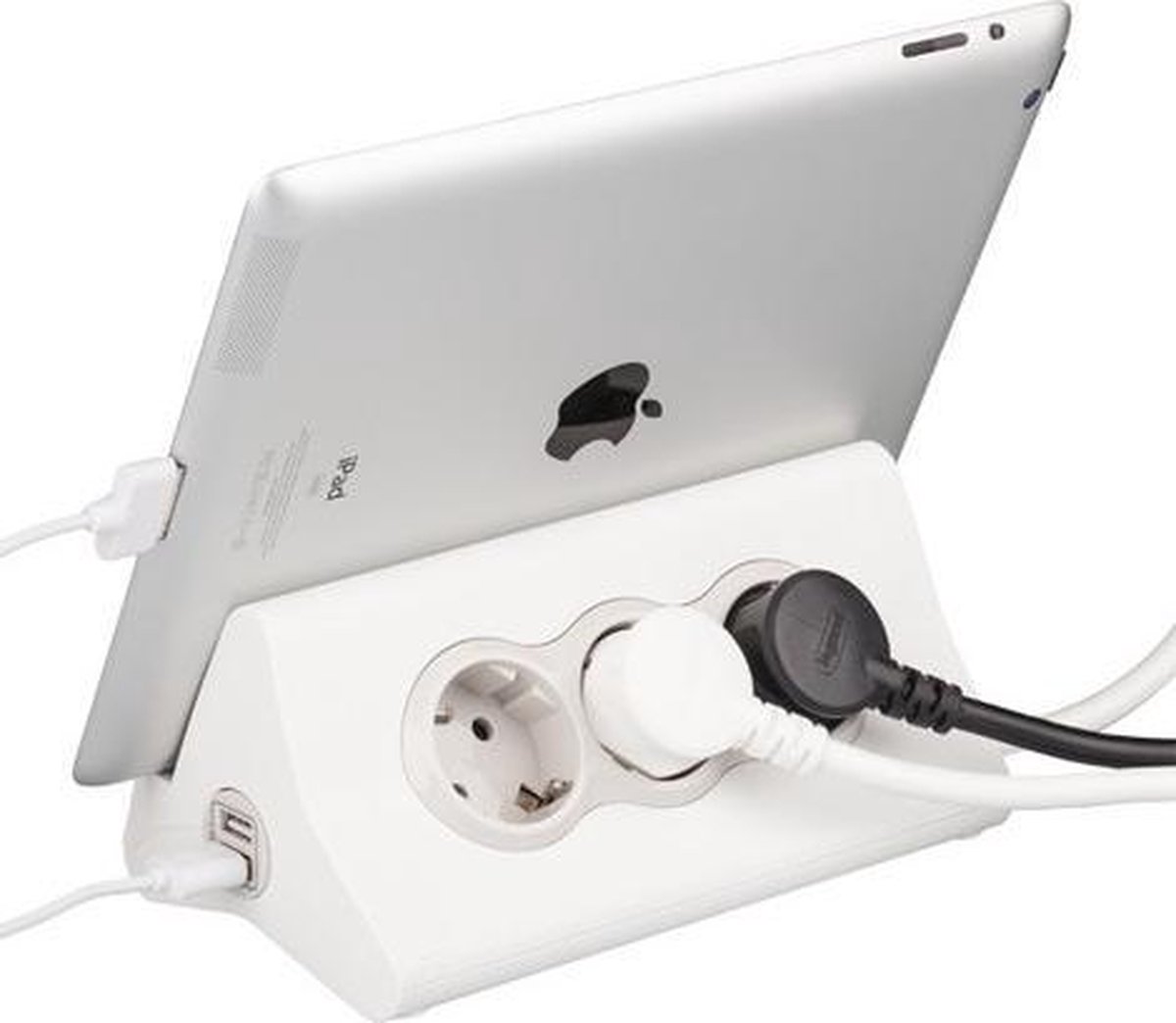 Stekkerdoos met twee USB oplaadpunten, drie stopcontacten en tablet standaard aan de achterzijde