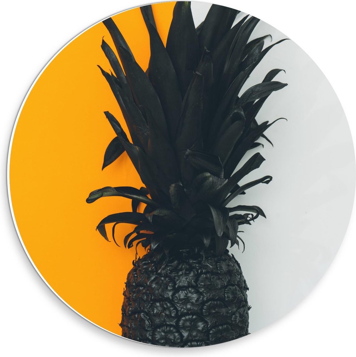 Forex Wandcirkel - Zwarte Ananas met Gele/Witte Achtergrond - 30x30cm Foto op Wandcirkel (met ophangsysteem)