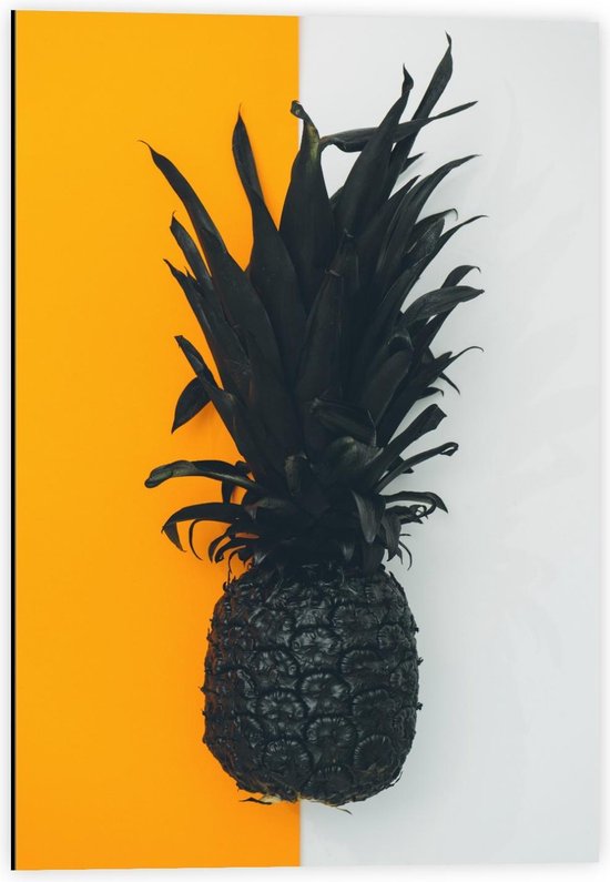 Dibond - Zwarte Ananas met Gele/Witte Achtergrond - 40x60cm Foto op Aluminium (Wanddecoratie van metaal)