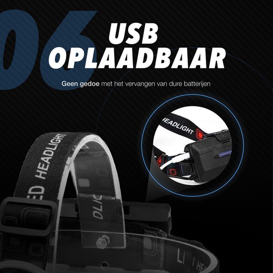 Een LED-hoofdlamp met een USB-kabel die wordt opgeladen. De tekst luidt 'USB OPLAADBAAR'.