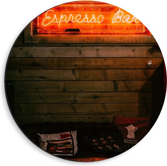 Dibond Wandcirkel - Oranje Licht 'Espresso Bar' boven Bankje - 40x40cm Foto op Aluminium Wandcirkel (met ophangsysteem)
