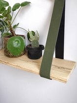 Wandplank met lederen riemen | 90 cm | Naturel hout | Groene lederen banden