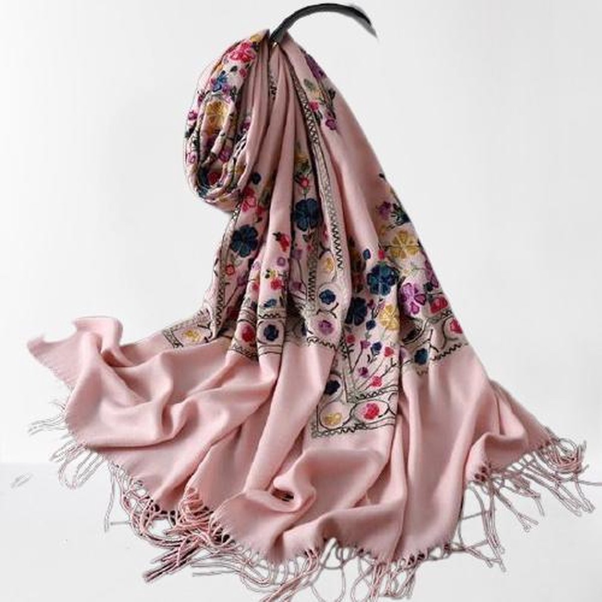 Handgemaakte Cashmere Roze Sjaal Met Kleurijke Bloemen 4 Seizoenen Sjaal