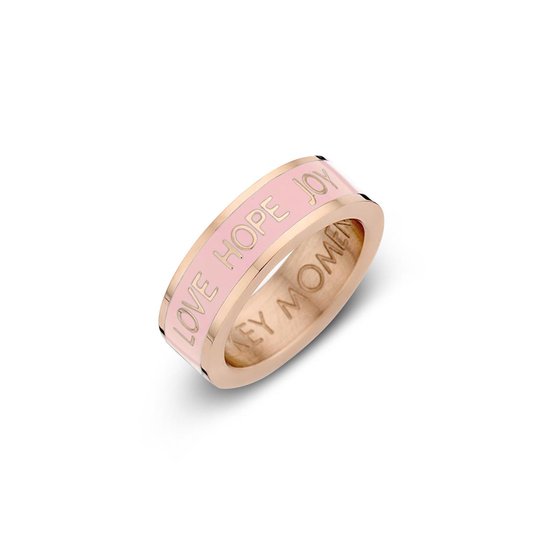 Key moments 8KM-R0010-56 Stalen Ring - Dames - Licht Roze - Emaille - LOVE HOPE JOY - Maat 56 - Staal - Rosé Gold Plated