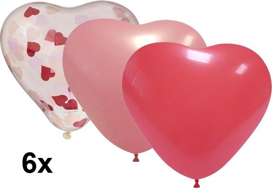 Hartjes ballonnen mix met rood, roze en hartjes confetti, 6 stuks, 25cm