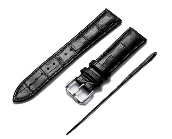 Leder Horlogebandje-20 mm-Zwart-Croco Print-incl. pushpins