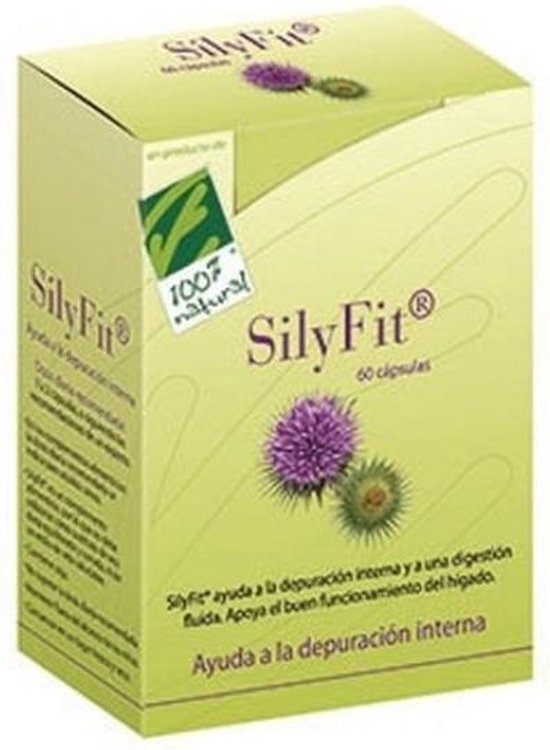 Groene doos met "SilyFit" en twee paarse distels. Bevat 60 capsules.