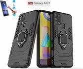 Samsung Galaxy M31 Robuust Kickstand Shockproof Zwart Cover Case Hoesje - 1 x Tempered Glass Screenprotector ATBL