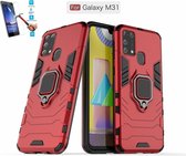 Samsung Galaxy M31 Robuust Kickstand Shockproof Rood Cover Case Hoesje - 1 x Tempered Glass Screenprotector ATBL