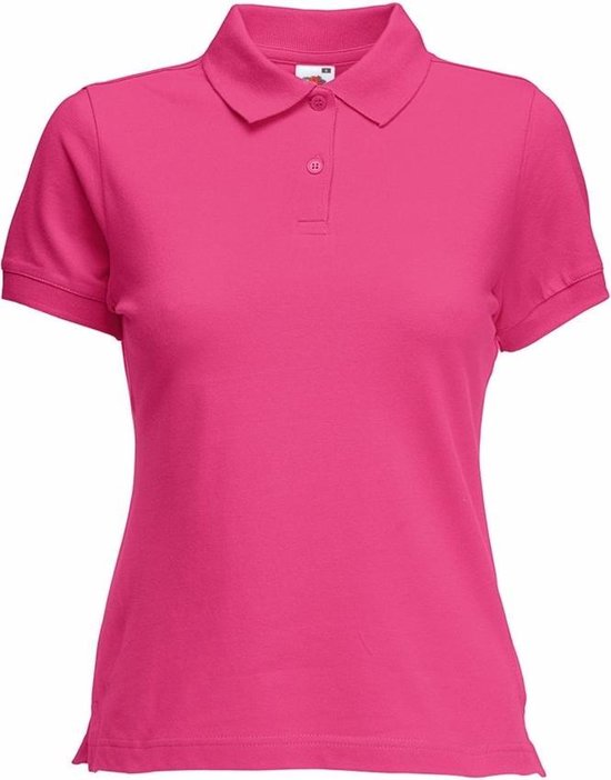 Fuchsia dames poloshirt van Fruit of the Loom met korte mouwen en knoopsluiting.