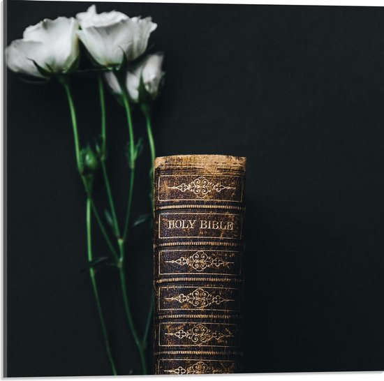 Acrylglas - Versleten Boek met Witte Bloemen - 50x50cm Foto op Acrylglas (Wanddecoratie op Acrylglas)
