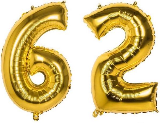62 Jaar Folie Ballonnen Goud - Happy Birthday - Foil Balloon - Versiering - Verjaardag - Man / Vrouw - Feest - Inclusief Opblaas Stokje & Clip - XL - 115 cm