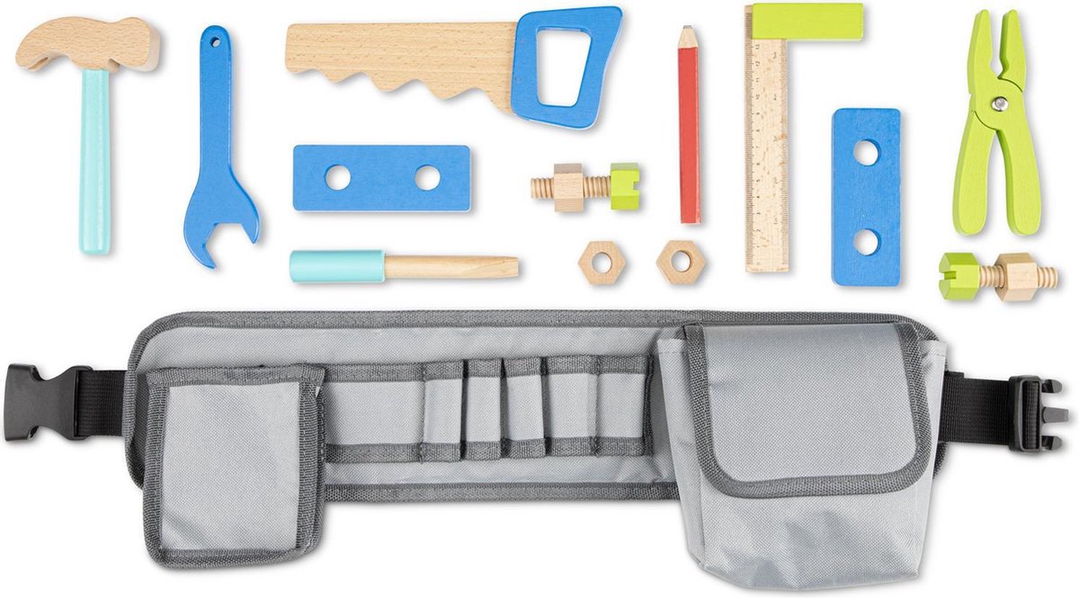 Woet® Gereedschapsriem Blauw - Houten Speelgoed - Gereedschapset met 16 Onderdelen - Educatief Rollenspel voor Kinderen - Vanaf 3 Jaar — afbeelding 2