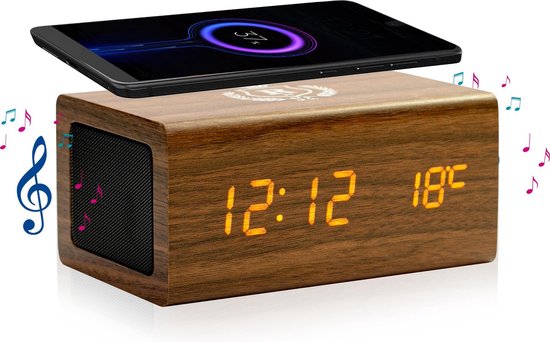 Royality® Digitale houten wekker met bluetooth speaker - Qi draadloze  oplader -... | bol.com