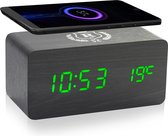 Royality® Digitale houten wekker met Qi draadloze oplader - Digitale klok - Draadloos en USB - Temperatuurmeter - Datum - Wireless charger - Kinderwekker - Slaapwekker - Zwart