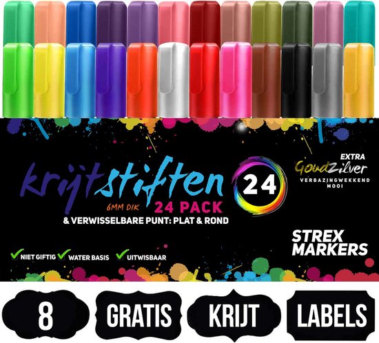 Strex Krijtstiften 24 Stuks - Incl. 8 Krijtlabels - 6MM - Raam Stiften - Neon  Stiften... | bol.com