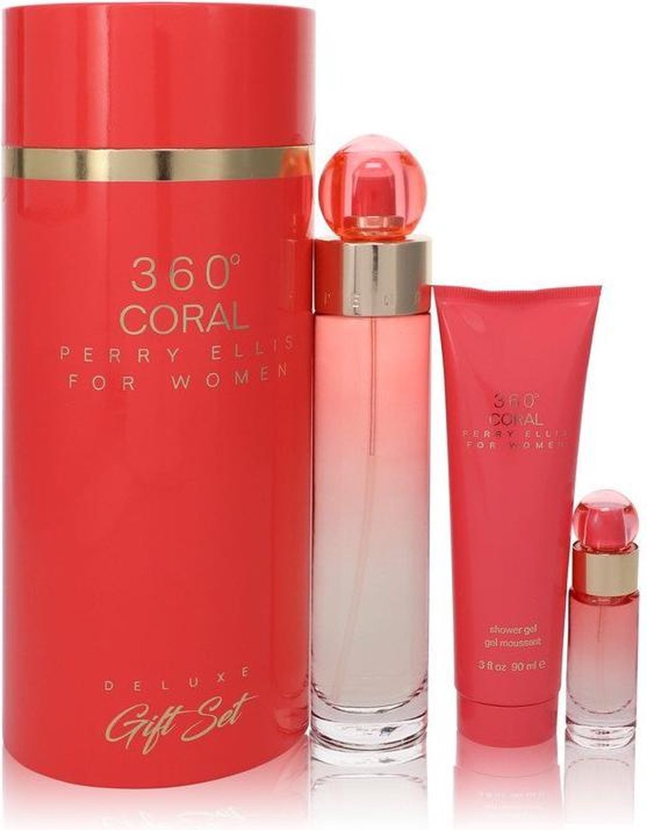 Perry Ellis 360 Coral by Perry Ellis - Gift Set - 100 ml Eau de Parfum Spray + 10 ml Mini EDP Spray + 90 ml Shower Gel