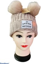 Muts • Winter original Amsterdam zachte stof dames muts met 2 pom-pom bolletjes Extra verwarmde binnenzijde creme kleur