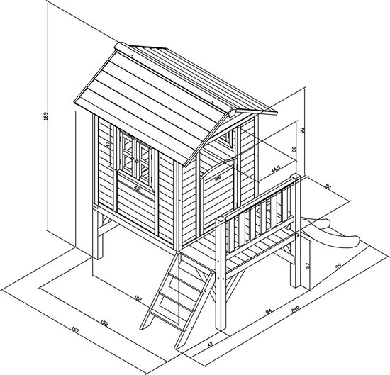 Technische tekening van een grijs houten speelhuisje met afmetingen, verdieping, trap en glijbaan.