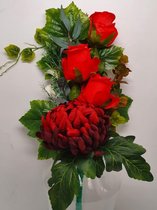 Boeket 05, 60 cm, Donker rode bolchrysant en 3 rozen, Zijdenbloemen, Kunstbloemen, Vaasstuk