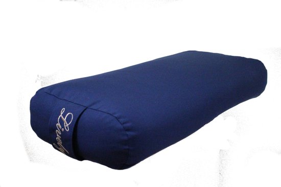 Bolster de yoga bleu marine avec logo 'Lively' brodé sur la sangle latérale.