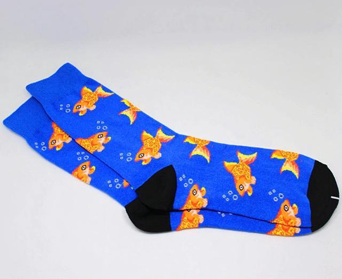 Heren sokken - blauw - geel - oranje - print vis - gouden vis - vissen - 40 - 46 - cadeau voor hem - gift - geschenk mannen - Kerst cadeau - verjaardagscadeau