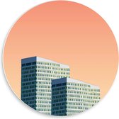 Forex Wandcirkel - Rood/Oranje Achtergrond op Twee Gebouwen  - 50x50cm Foto op Wandcirkel (met ophangsysteem)