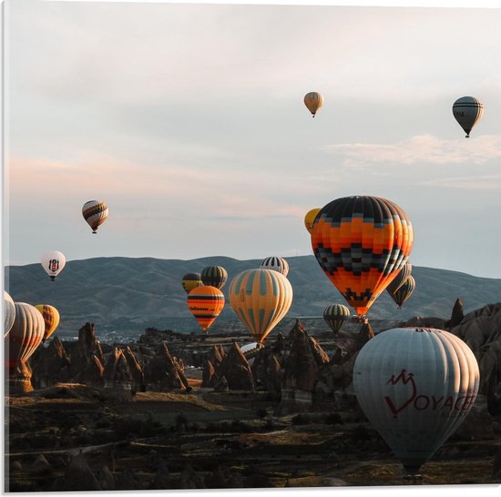 Acrylglas - Lucht vol met Luchtballonnen boven Tempels  - 50x50cm Foto op Acrylglas (Met Ophangsysteem)