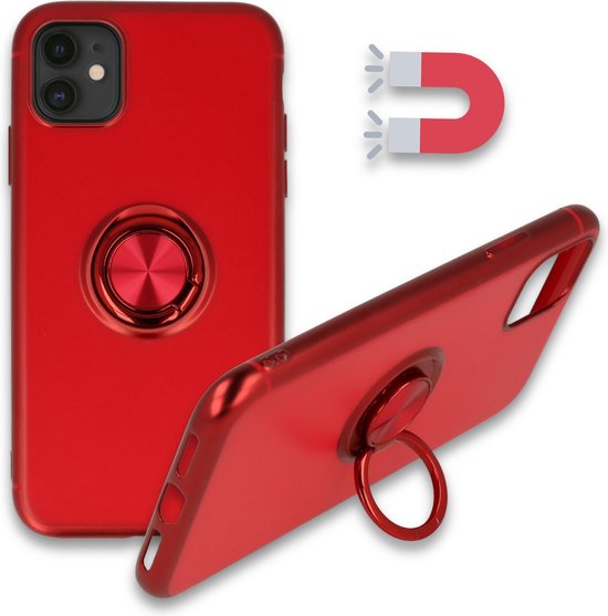 iPhone 11 Hoesje Rood - Siliconen Back Cover met Ring Kickstand - Geschikt  voor... | bol.com