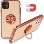 Apple iPhone 11 Hoesje Roségold - Siliconen Back Cover met Ring Kickstand - Geschikt voor Magneet Houders