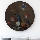 Wandcirkel bloemen – 50cm Ø - Van oude meester Balthasar van der Ast met Bloemen in een Wan-Li vaas en schelpen – Op aluminium dibond - Muurcirkel – Wandcirkel – Wandcirkel schilderij