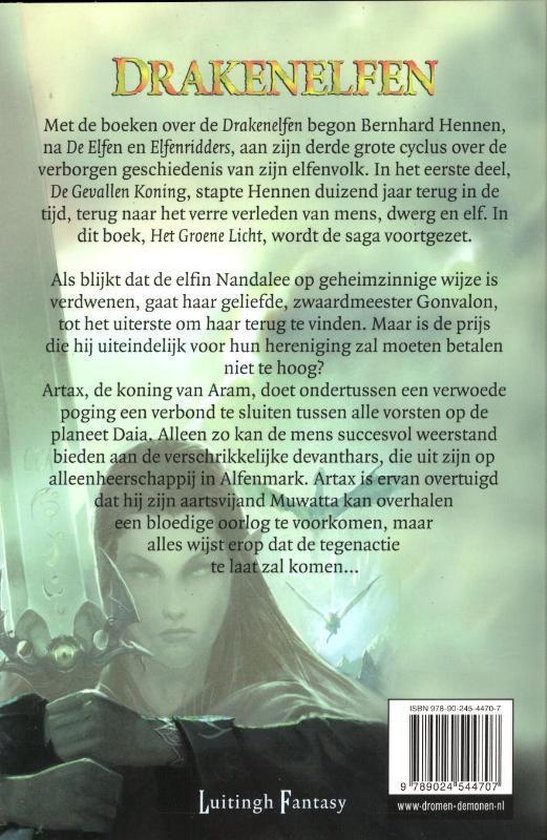 Achterkant van het boek "Drakenelfen" met tekst over het verhaal en de auteurs, en een ISBN-nummer.