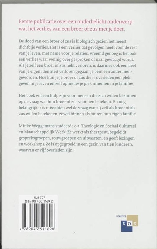 Achterkant boek: Broederziel alleen? Het verlies van een broer of zus een plaats geven. Met ISBN.
