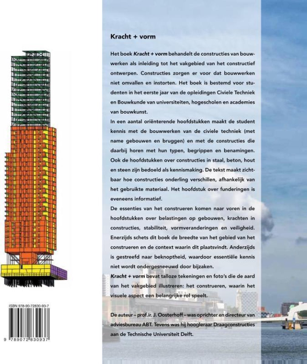 Illustratie van een hoogbouwproject met een oranje en gele onderbouw, bekroond met een groen en grijs kantoorgebouw.