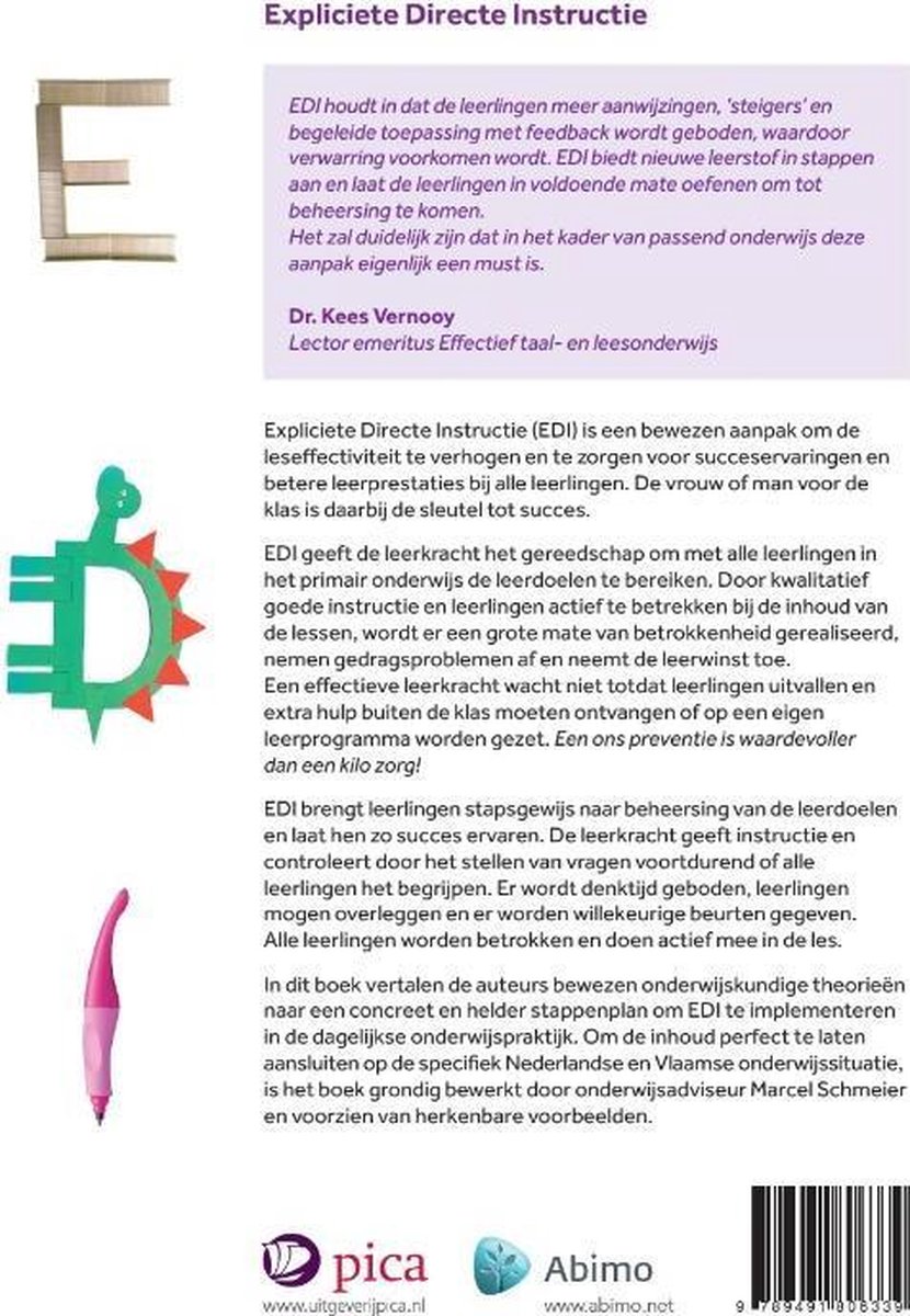 Boek met de titel 'Expliciete Directe Instructie'. Bevat tekst en illustraties van een letter E en D, en een roze pen.