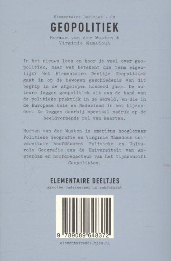 Achterkant van "Elementaire Deeltjes 28 Geopolitiek", met tekst over het boek en auteurs Herman van der Wusten en Virginie Mamadouh.