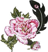 Geborduurde Roze Pioenroos Met Blad En Pauwenveer XXL Strijk Patch 37 cm / 31 cm / Roze Wit Groen
