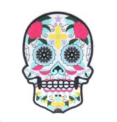 Sugar Skull Doodskop XL Strijk Embleem Patch 16 cm / 22.7 cm / Lichtblauw Roze Geel Wit