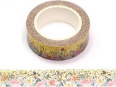 Washi Tape - Bloemen met gouden vlokken | 15mm x 10m.