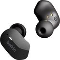 Zwarte Belkin oordopjes met gouden contactpunten en een R-markering.