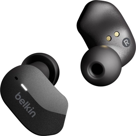 Zwarte Belkin oordopjes met gouden contactpunten en een R-markering.